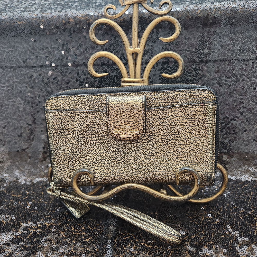 Coach Black And Gold Pebbled Leather Zip Around Phone Wristlet Wallet